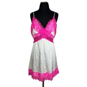 Azura Babydoll Lingerie Mini Nightgown Slip Dress White Hot Pink Satin Lace M